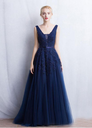 Beaded Lace Tulle V Back Long Evening Dress